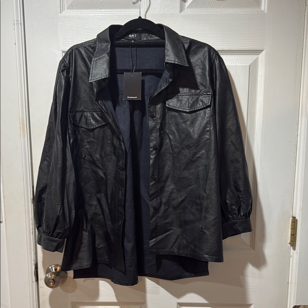 Black Leather Jacket with Button-Up Style and Long Sleeves